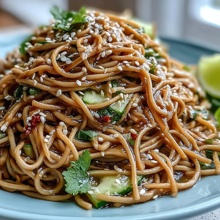 Colorful soba noodle salad with enticing sesame ginger dressing, bursting with flavor.