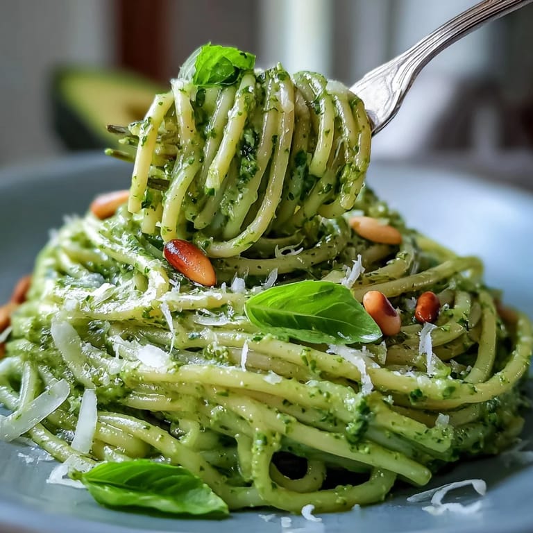 Fresh basil and creamy avocado pasta, topped with Parmesan and ready to enjoy.