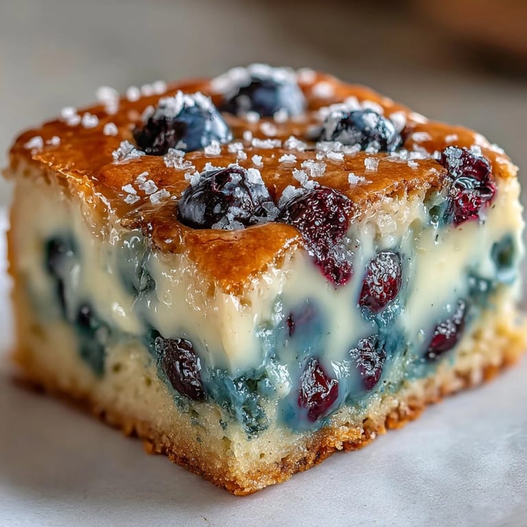 Golden baked white chocolate lemon blueberry blondies, gooey center, ready to be sliced.