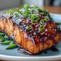 Flaky glazed salmon with vibrant broccoli and snap peas, served over fluffy rice.  