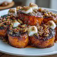 Candied yams with marshmallow pecan crumble in a baking dish, golden marshmallows melted over spiced sweet potatoes and crunchy pecan topping.
