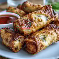 Golden spring rolls bursting with crisp vegetables, air-fried to perfection and served with a vibrant sweet chili dipping sauce.