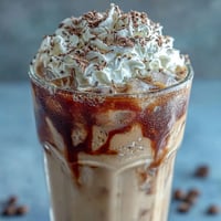 Creamy vanilla bean frappuccino with cold brew ice cubes, topped with whipped cream and vanilla bean drizzle.