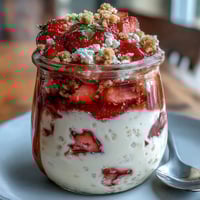Creamy overnight oats with cottage cheese, fresh strawberries, and chia seeds for a protein-packed, cheesecake-inspired breakfast.