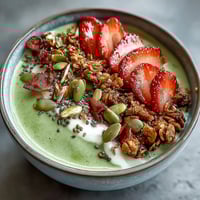 A vibrant strawberry matcha latte smoothie bowl topped with fresh strawberries, crunchy granola, and chia seeds for a nourishing breakfast.