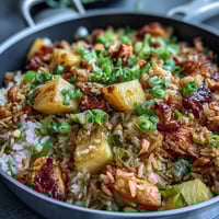 A vibrant Hawaiian pineapple chicken fried rice with juicy pineapple chunks, tender chicken, and colorful vegetables in a savory sauce.