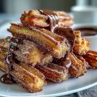 Bite-sized churro bites with a crispy cinnamon sugar coating, served warm with a glossy chocolate dipping sauce for Cinco de Mayo celebrations.