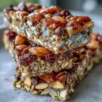 1. No-Bake Granola Energy Bars with oats, nuts, and dried fruit, stacked on a rustic wooden board.