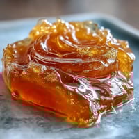 Golden dandelion jelly in a glass jar, its delicate honey-like hue glowing against a sunlit kitchen backdrop.