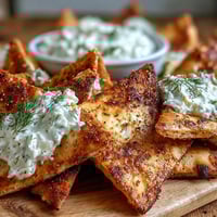 Golden, crispy pita chips with creamy tzatziki dip, perfect for a refreshing Mediterranean snack platter.