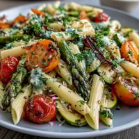 Vibrant Spring Pasta Primavera with fresh vegetables and herbs, served in a white bowl with Parmesan on top.