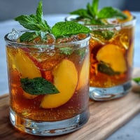 A refreshing glass of mango peach sparkling tea with juicy fruit slices and mint garnish.  