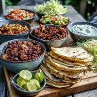 A colorful DIY Taco Bar spread, ready for guests at your outdoor BBQ.